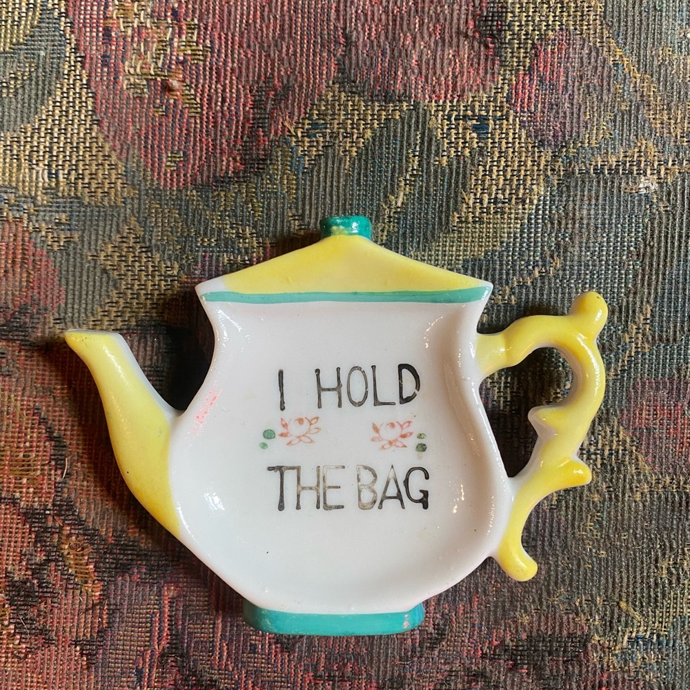 Yellow and White Teapot Shaped Vintage Japan Ceramic Tea Bag Ring Holder